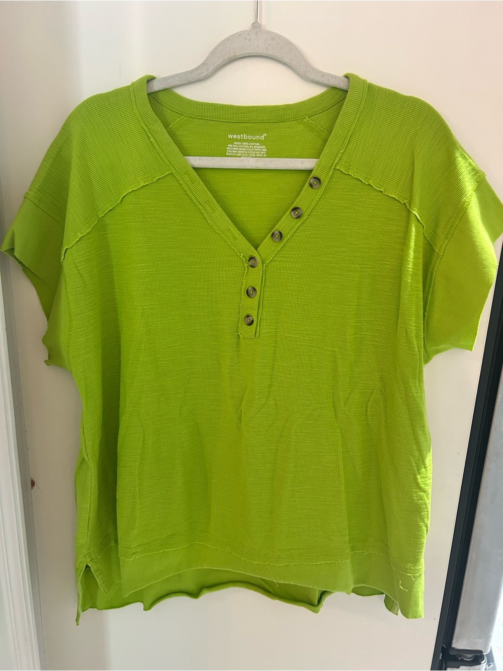 Westbound Short Sleeve Henley Top in Bright Lime XL Ribbed Cotton